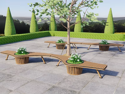 Wooden Outdoor Chairs With Planters And Green Plants In Garden Stone Pavement 3d model