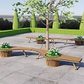 Wooden Outdoor Chairs With Planters And Green Plants In Garden Stone Pavement