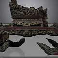 Traditional Ornate Carved Wooden Throne With Red Lacquer Golden Details And Wing Shaped Armrests