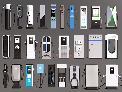 Public Electric Vehicle Charging Stations With Various Designs And Brand Models 3d model