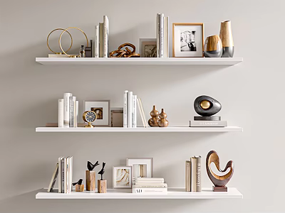Decorative Objects Collection on White Shelves with Books Photo Frames Sculptures and Vases 3d model