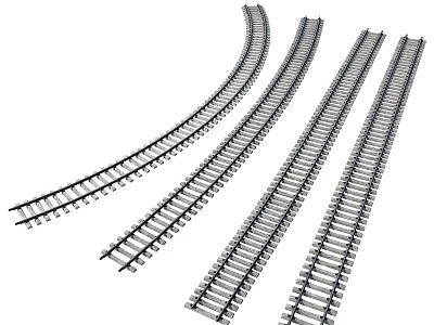 Multiple Curved and Straight Railway Tracks Featuring Metal Rails and Wooden Ties 3d model