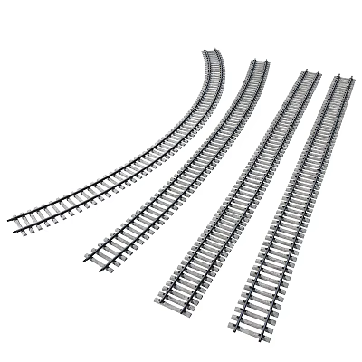Multiple Curved and Straight Railway Tracks Featuring Metal Rails and Wooden Ties 3d model