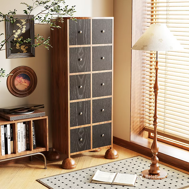 Wooden Storage Cabinet With Drawers In Cozy Living Room Interior And Decorative Items 3d model 