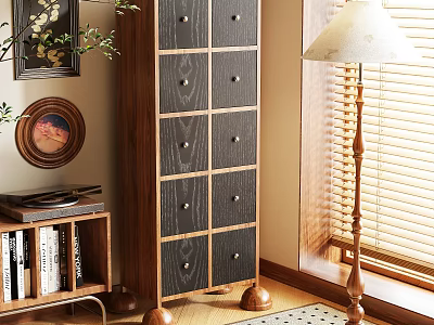 Wooden Storage Cabinet With Drawers In Cozy Living Room Interior And Decorative Items 3d model