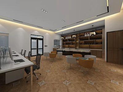 Public Office Space Featuring Modern Workstations Lounge Seating Wooden Bookshelves And Ceiling Lighting 3d model