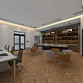 Public Office Space Featuring Modern Workstations Lounge Seating Wooden Bookshelves And Ceiling Lighting