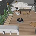 Stylish Garden Patio Featuring Wooden Deck Fire Pit Outdoor Dining Set and Lush Plants