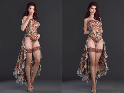 Woman in Floral Pattern Corset with Lace Stockings and High Low Hem Dress 3d model