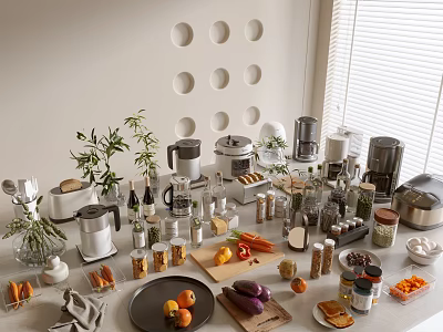 Modern Neat Kitchen With Various Appliances Vegetables Fruits Spices Round Wall Holes And Window Blinds 3d model