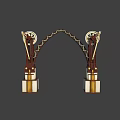 Ornate Arched Entrance Gate With Gear Decorations Gold Accents And Brown Pillars