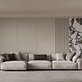 Beige Sofa With Decorative Cushions Against Modern Panel Background Wall With Striped Texture And Marble Artwork