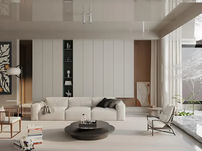 Modern Living Room Interior With White Sofa Black Round Coffee Table And Cabinets 3d model