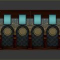 Commercial Equipment With Wooden Platform Multiple Seats Blue Panels Circular Dials And Hanging Lamps
