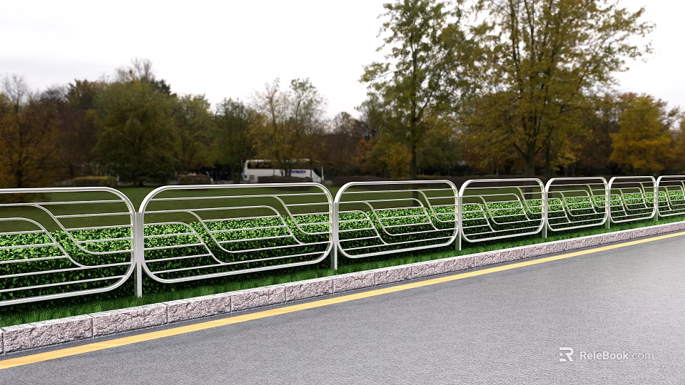 White Metal Roadside Railing With Green Plants And Trees Along Grassland 3d model 