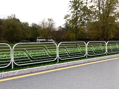 White Metal Roadside Railing With Green Plants And Trees Along Grassland 3d model