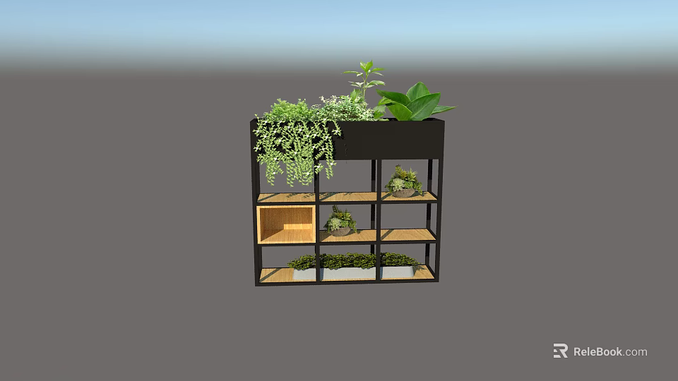 Multi tiered Black Garden Shelf With Green Plants Hanging Vines And Small Potted Plants 3d model 