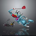 Funny Dynamic Blue Cartoon Cat Playfully Chasing Small Black Creature With Red Flyswatter