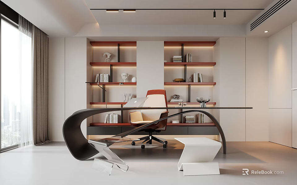 Modern Home Office Interior With Glass Top Desk Orange Backrest Chair And Multi Shelf Bookshelves 3d model 