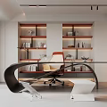 Modern Home Office Interior With Glass Top Desk Orange Backrest Chair And Multi Shelf Bookshelves