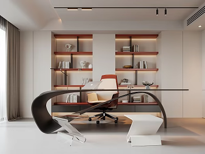 Modern Home Office Interior With Glass Top Desk Orange Backrest Chair And Multi Shelf Bookshelves 3d model