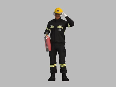 Man In Firefighter Uniform With Yellow Helmet Holding Red Fire Extinguisher Adjusting Gloves 3d model