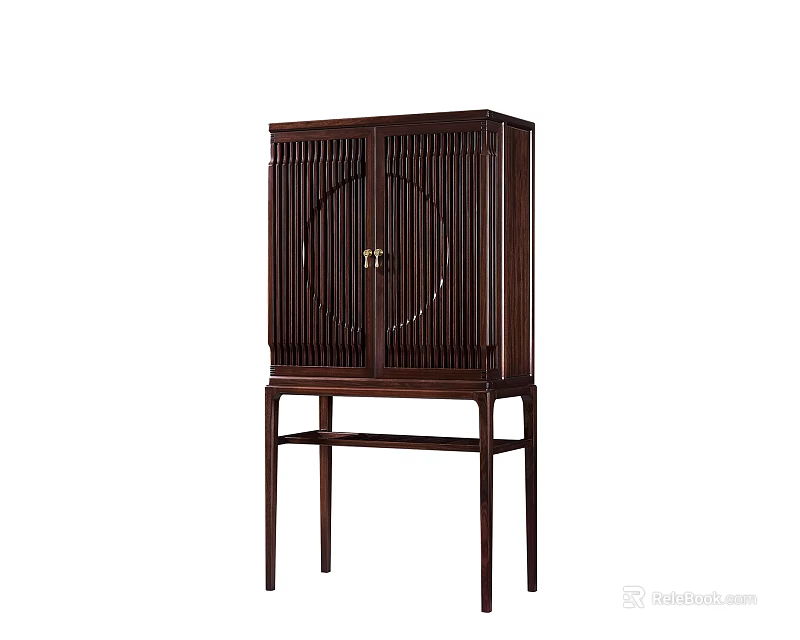 Traditional Chinese Style Dark Wooden Storage Cabinet With Lattice Doors And Leg Stand 3d model 