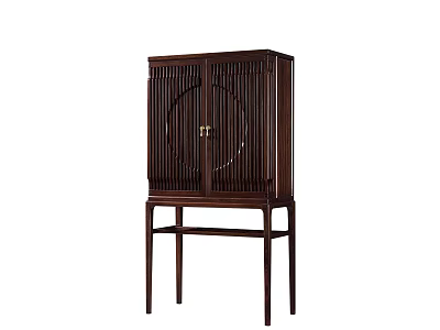 Traditional Chinese Style Dark Wooden Storage Cabinet With Lattice Doors And Leg Stand 3d model