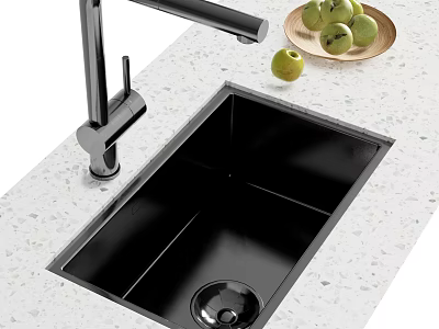 Sleek Black Kitchen Sink With Black Faucet On Light Patterned Countertop And Fresh Fruits Plate 3d model