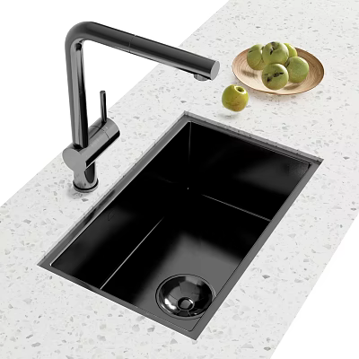 Sleek Black Kitchen Sink With Black Faucet On Light Patterned Countertop And Fresh Fruits Plate 3d model