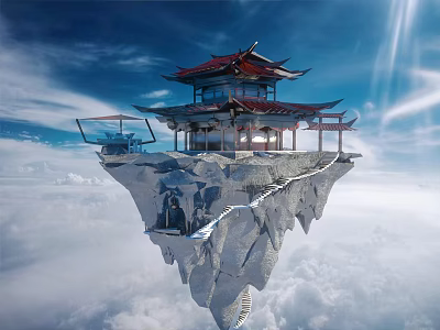 Ancient Architecture On Floating Cliff With Red Roof And Stone Steps In Clouds 3d model