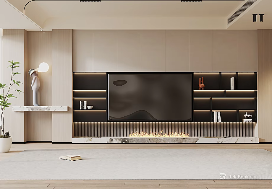 Modern TV Background Cabinet Design With Fireplace And LED Strip Lighting 3d model 