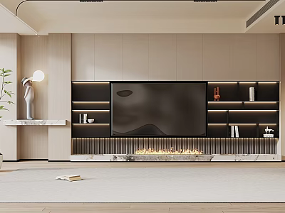 Modern TV Background Cabinet Design With Fireplace And LED Strip Lighting 3d model