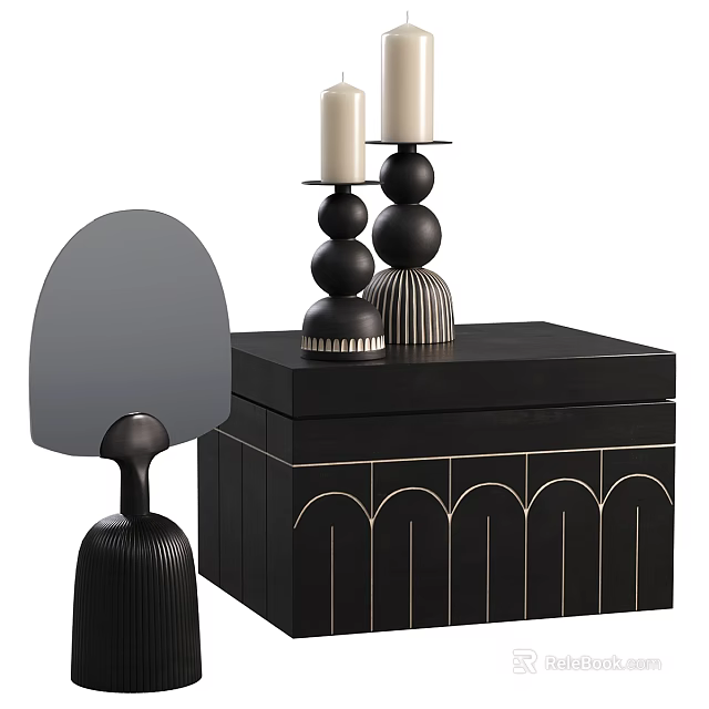 Elegant Decorative Ornament Set With Black Wooden Box Candle Holders And Fan Shaped Decor 3d model 