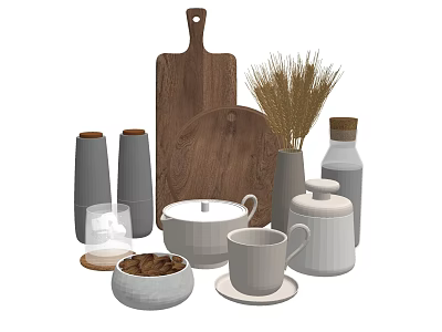 Stylish Kitchen Utensils Set With Wooden Cutting Boards White Teapot Mugs And Gray Jars 3d model