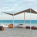 Tropical Beach Landscape with White Canopy Colorful Bean Bags Blue Ocean and Palm Tree