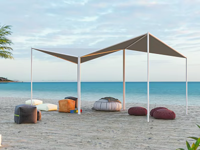 Tropical Beach Landscape with White Canopy Colorful Bean Bags Blue Ocean and Palm Tree 3d model