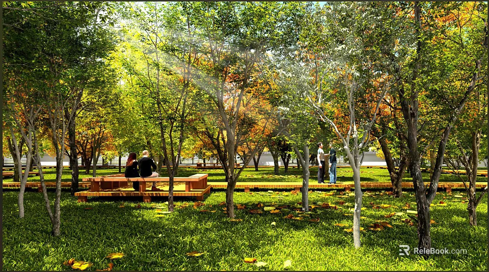 Scenic Park Landscape With Lush Trees Sunlight Benches And People On Green Lawn 3d model 