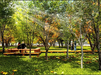 Scenic Park Landscape With Lush Trees Sunlight Benches And People On Green Lawn 3d model