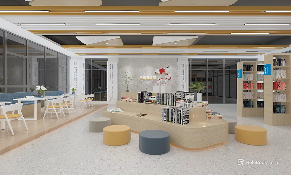 Book Art Interior Design With Open Space Bookshelves Display Tables And Round Stools 3d model 