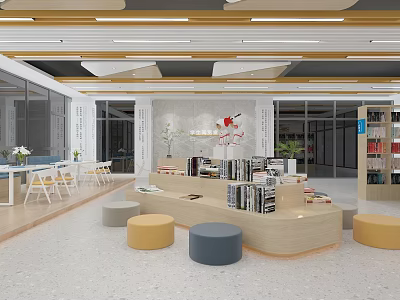 Book Art Interior Design With Open Space Bookshelves Display Tables And Round Stools 3d model