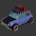 Blue Compact Car With Roof Rack Carrying Red And Blue Luggage Bags And Round Headlights