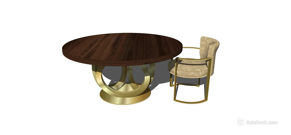 Elegant Round Dining Table Set With Wooden Top Gold Base And Upholstered Chair 3d model 
