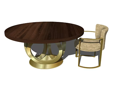 Elegant Round Dining Table Set With Wooden Top Gold Base And Upholstered Chair 3d model