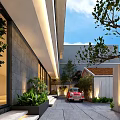 Modern Detached Villa With Wooden Windows Rooftop Greenery Pathway And Red Car