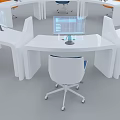 Modern Office Desk And Chair Set With White Tables Orange Blue Chairs And Computers