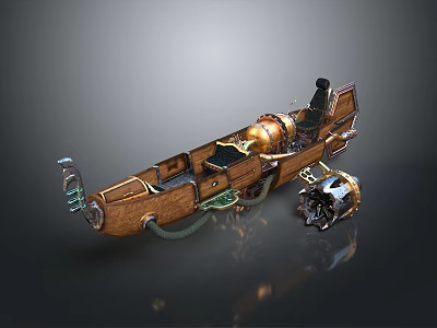 Steampunk Water Vehicle With Wooden Structure Brass Components Vintage Design Elements And Propeller 3d model