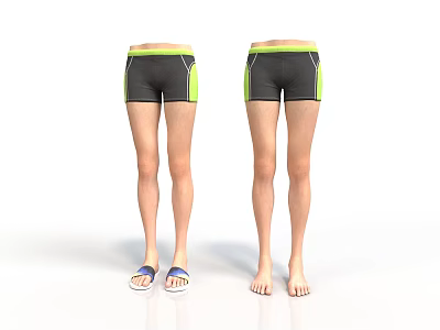 Casual Black Green Sports Shorts With Yellow Trim And Blue Slippers 3d model