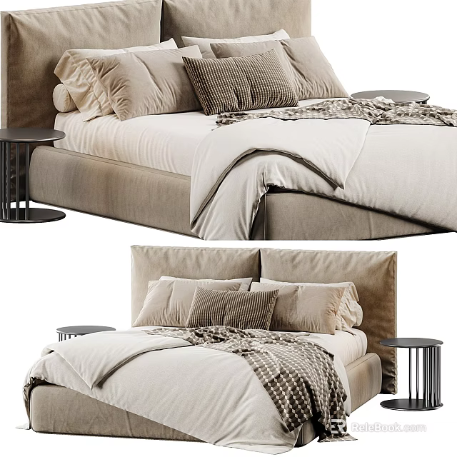 Cozy Beige Double Bed With Soft Upholstered Headboard Pillows Knitted Blanket And Bedside Tables 3d model 