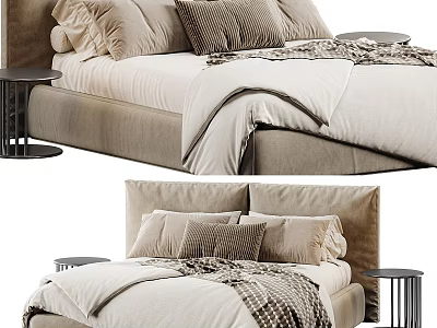 Cozy Beige Double Bed With Soft Upholstered Headboard Pillows Knitted Blanket And Bedside Tables 3d model